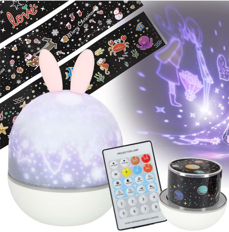 Lampka nocna projektor gwiazd LED USB obrotowy 6 motywów pilot królik