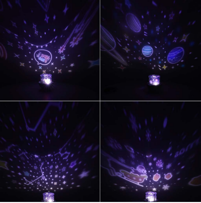 Lampka nocna projektor gwiazd LED USB obrotowy 6 motywów pilot królik