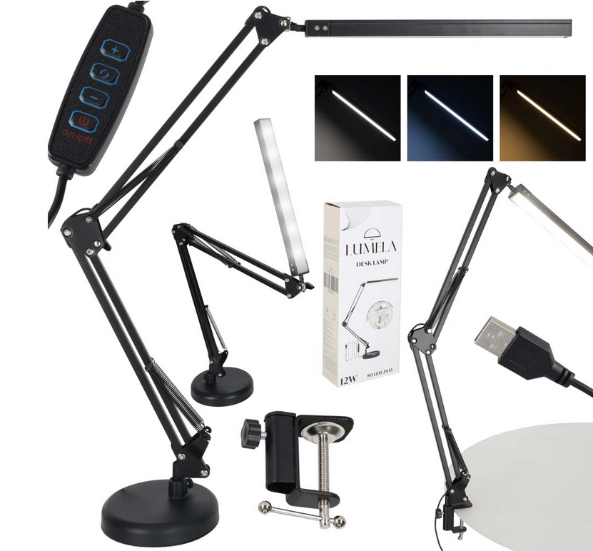 Lampka na biurko biurkowa LED USB obrotowy wysięgnik 2 SPOSOBY MOCOWANIA