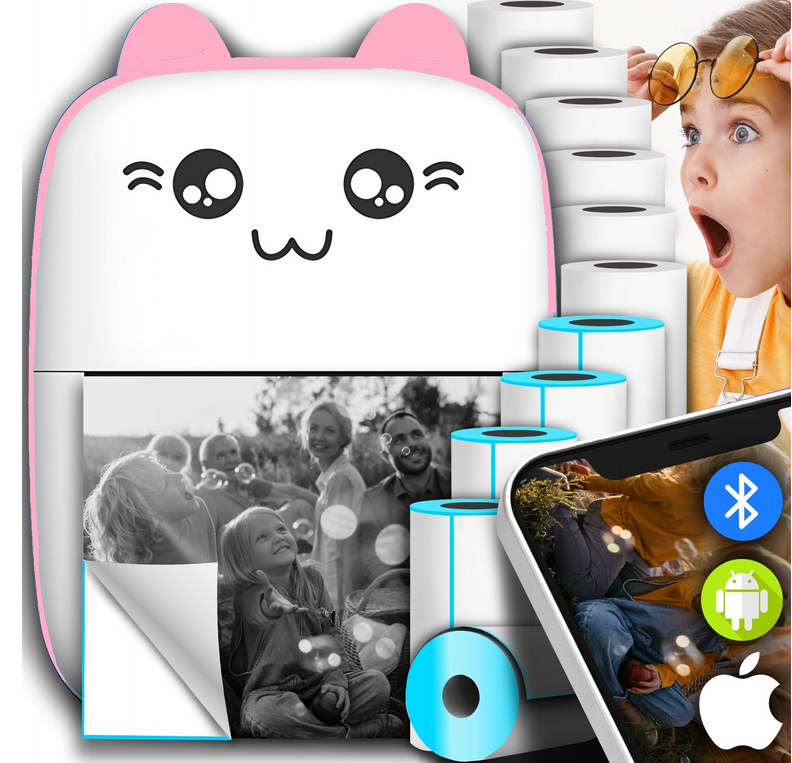 DRUKUŚMINI DRUKARKA TERMICZNA DO ZDJĘĆ NAKLEJEK + 10 Sztuk Rolek