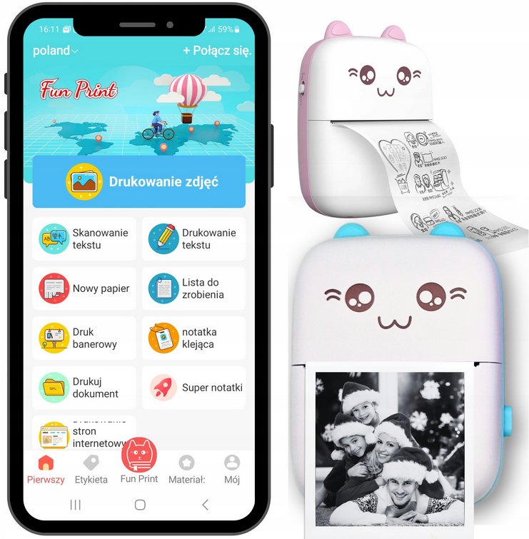 DRUKUŚMINI DRUKARKA TERMICZNA DO ZDJĘĆ NAKLEJEK + 10 Sztuk Rolek