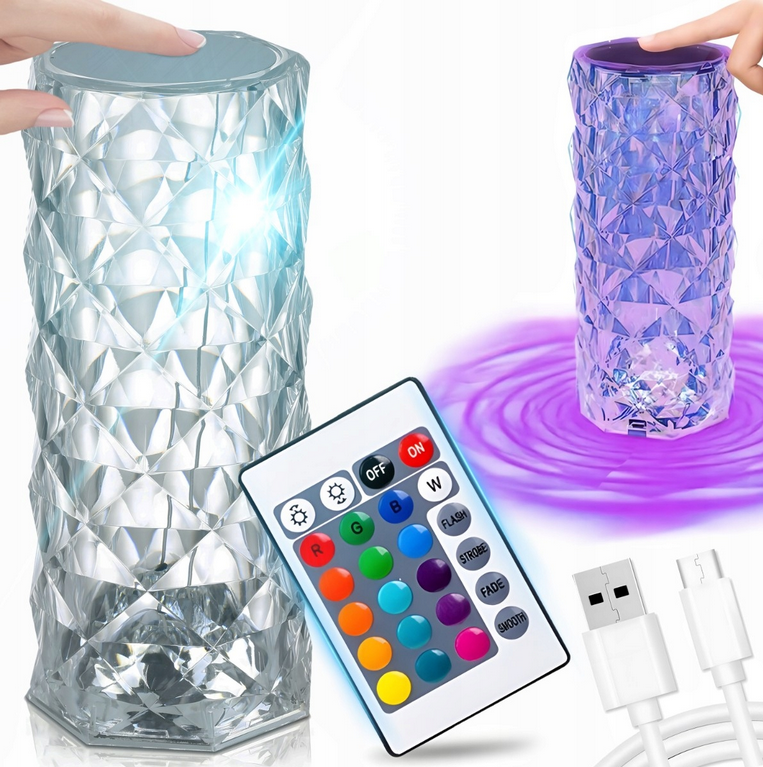 LAMPKA KRYSZTAŁOWA NOCNA LED DOTYKOWA EFEKT RÓŻY 16 KOLORÓW + PILOT RGB