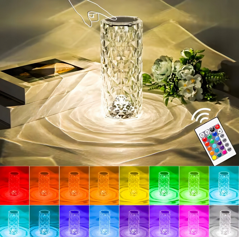 LAMPKA KRYSZTAŁOWA NOCNA LED DOTYKOWA EFEKT RÓŻY 16 KOLORÓW + PILOT RGB