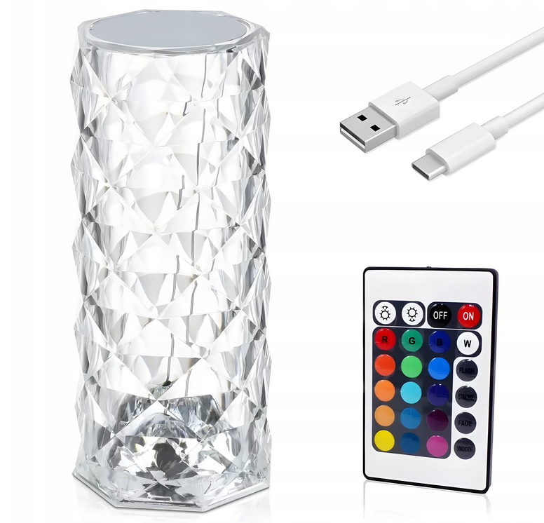 LAMPKA KRYSZTAŁOWA NOCNA LED DOTYKOWA EFEKT RÓŻY 16 KOLORÓW + PILOT RGB
