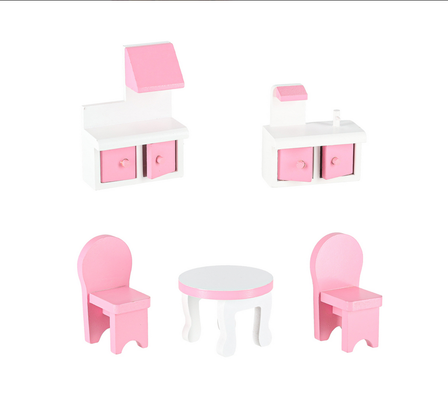 DOMEK DLA LALEK DREWNIANY MDF MEBELKI 70 CM RÓŻOWY LED