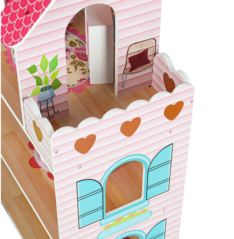 DOMEK DLA LALEK DREWNIANY MDF MEBELKI 70 CM RÓŻOWY LED