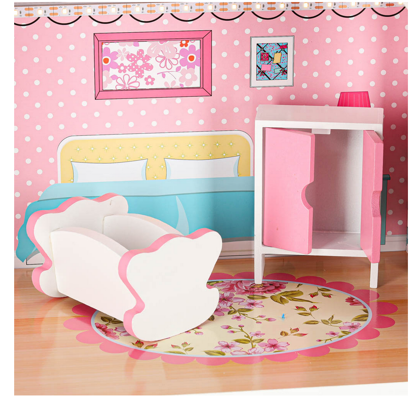 DOMEK DLA LALEK DREWNIANY MDF MEBELKI 70 CM RÓŻOWY LED