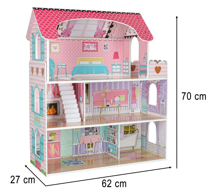 DOMEK DLA LALEK DREWNIANY MDF MEBELKI 70 CM RÓŻOWY LED