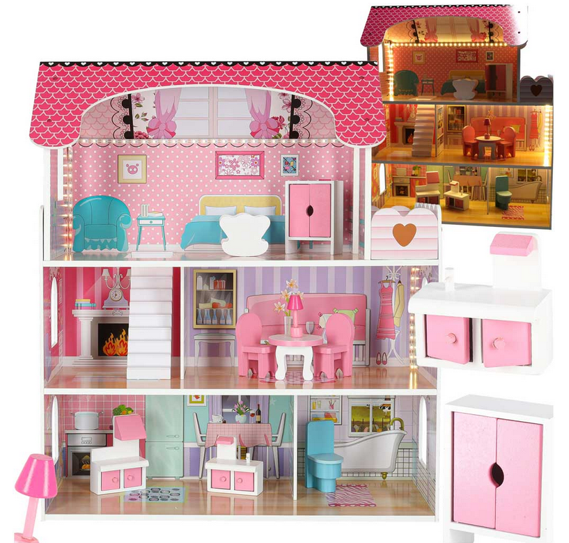 DOMEK DLA LALEK DREWNIANY MDF MEBELKI 70 CM RÓŻOWY LED