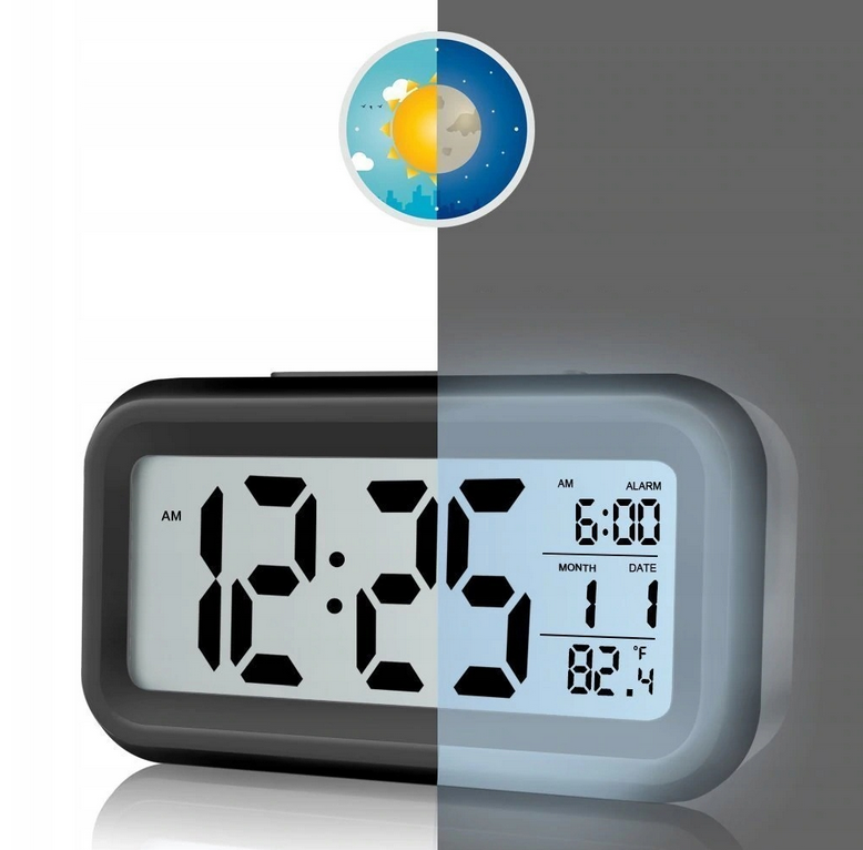 BUDZIK ZEGAR LED TERMOMETR PODŚWIETLENIE WYŚWIETLACZ 12/24H DATA CZARNY