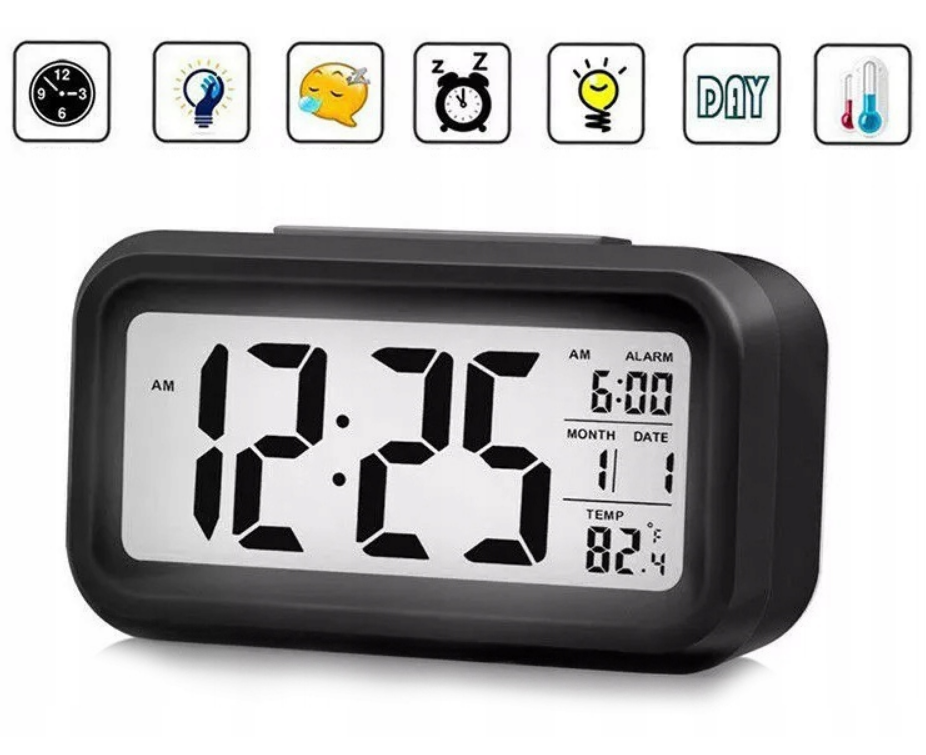 BUDZIK ZEGAR LED TERMOMETR PODŚWIETLENIE WYŚWIETLACZ 12/24H DATA CZARNY