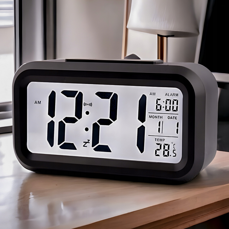 BUDZIK ZEGAR LED TERMOMETR PODŚWIETLENIE WYŚWIETLACZ 12/24H DATA CZARNY