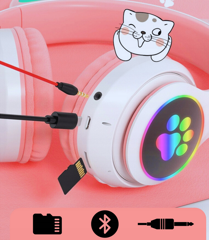 SŁUCHAWKI BEZPRZEWODOWE DLA DZIECI BLUETOOTH MIKROFON KOCIE USZY LED RGB