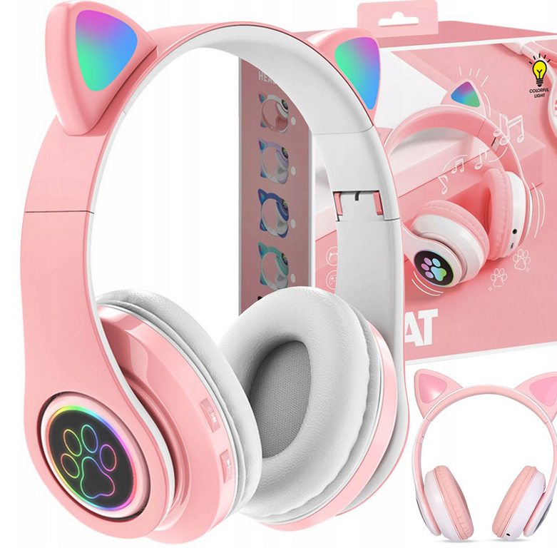 SŁUCHAWKI BEZPRZEWODOWE DLA DZIECI BLUETOOTH MIKROFON KOCIE USZY LED RGB