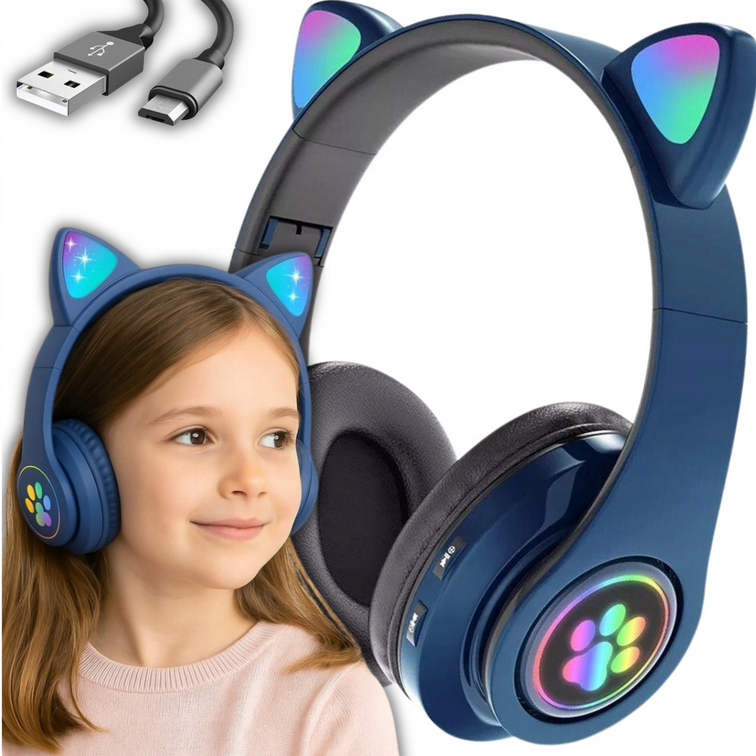 SŁUCHAWKI BEZPRZEWODOWE DLA DZIECI BLUETOOTH MIKROFON KOCIE USZY LED RGB