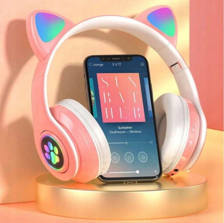 SŁUCHAWKI BEZPRZEWODOWE DLA DZIECI BLUETOOTH MIKROFON KOCIE USZY LED RGB
