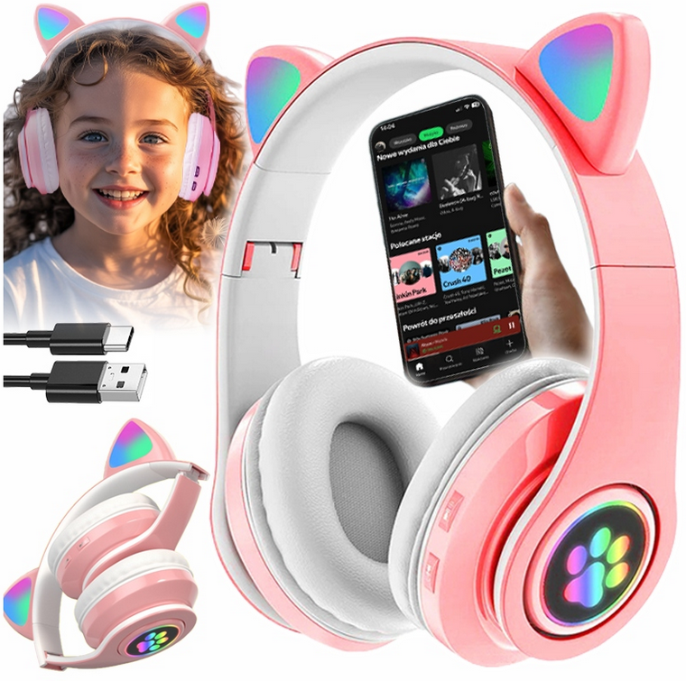 SŁUCHAWKI BEZPRZEWODOWE DLA DZIECI BLUETOOTH MIKROFON KOCIE USZY LED RGB