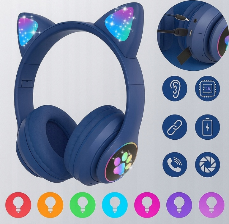 SŁUCHAWKI BEZPRZEWODOWE DLA DZIECI BLUETOOTH MIKROFON KOCIE USZY LED RGB